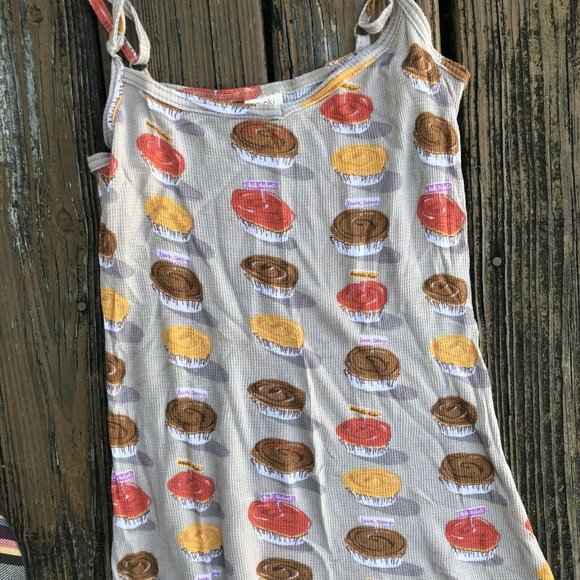 Munki Munki Heather Ross Nightgown M Brown Yellow Cupcakes Desserts Pajamas PJs - Picture 5 of 6